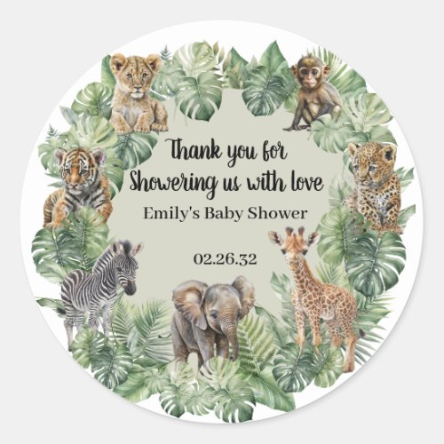 Jungle Safari Animals Greenery Boy Baby Shower Classic Round Sticker