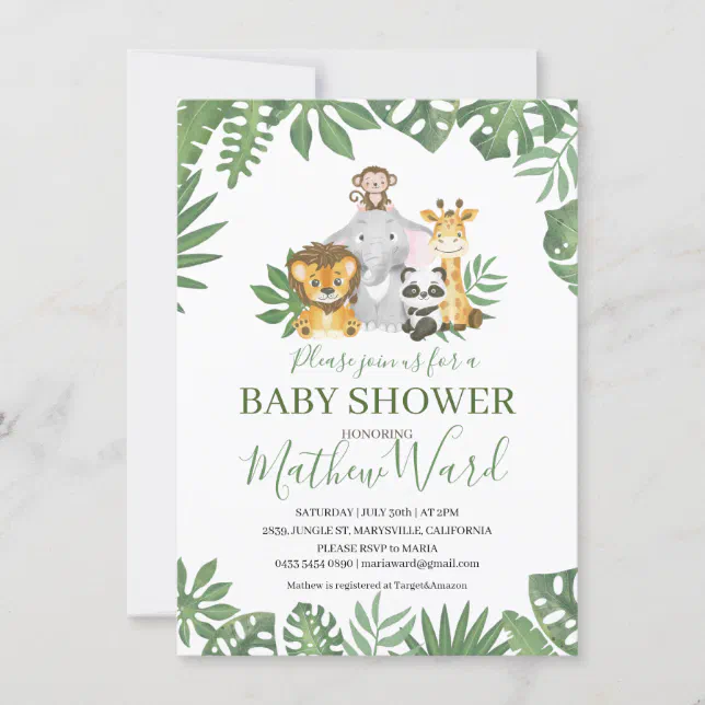 Jungle Safari Animals Greenery Boy Baby Shower Invitation | Zazzle