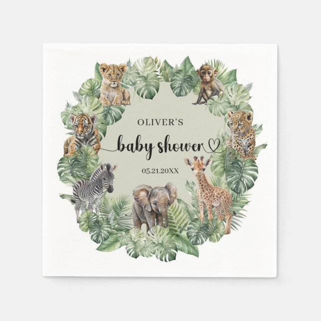 Jungle Safari Animals Greenery Boy Baby Shower Napkins (Front)