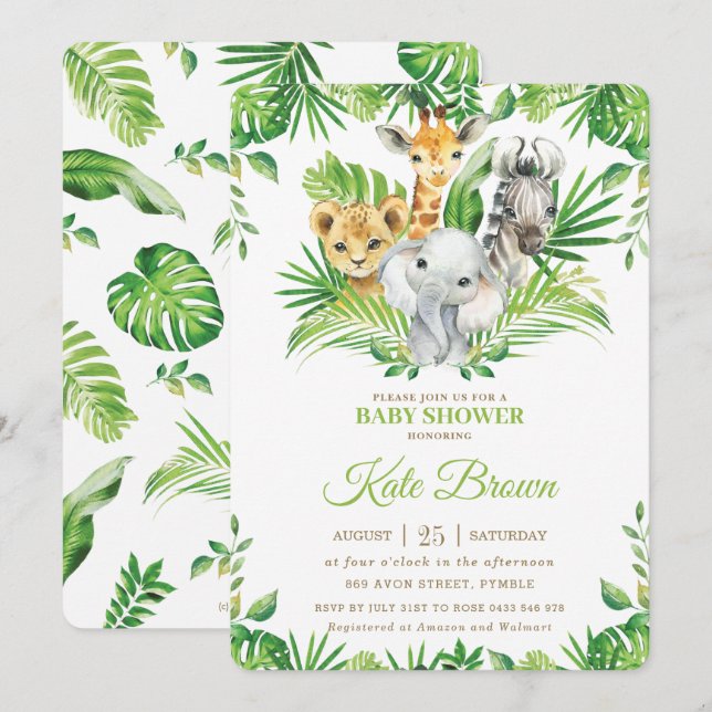 Jungle Safari Animals Greenery Nuetral Baby Shower Invitation (Front/Back)