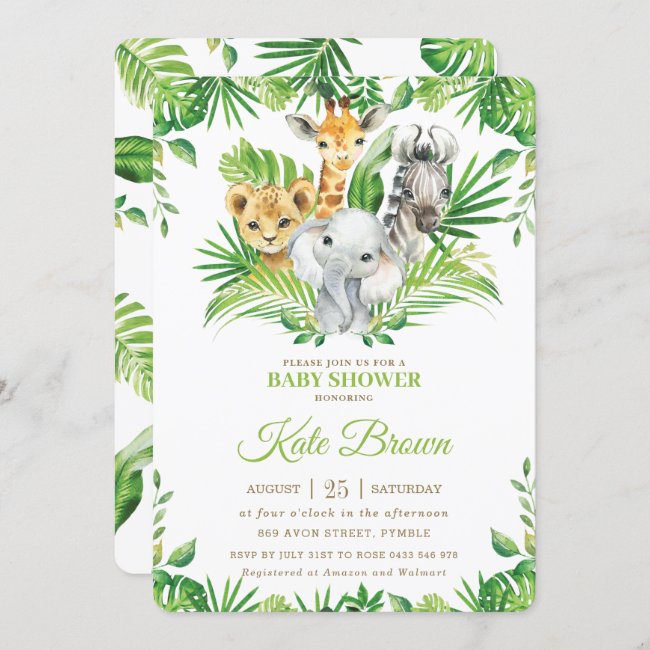Jungle Safari Animals Greenery Nuetral Baby Shower Invitation