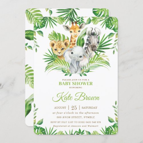 Jungle Safari Animals Greenery Nuetral Baby Shower Invitation