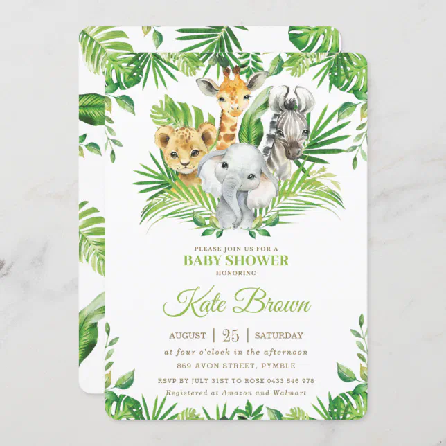 Jungle Safari Animals Greenery Nuetral Baby Shower Invitation | Zazzle