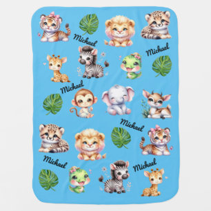 Jungle Safari Animals Kawaii Baby Name Boy's Blanket