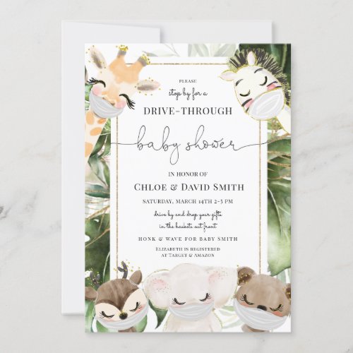 Jungle Safari Animals Neutral Drive By Baby Shower Invitation - Jungle Safari Animals Neutral Drive By Baby Shower Invitation features watercolor baby safari animals withs masks and jungle greenery.
You can edit/personalize whole Template.
If you need any help or matching products, please contact me. I am happy to create the most beautiful personalized products for you!