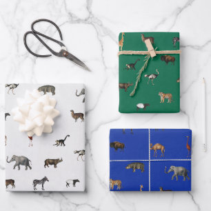 Jungle Safari Animals Pattern Blue Green Grey Wrapping Paper Sheets