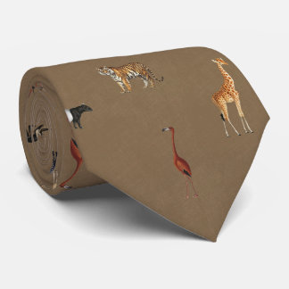 Jungle Safari Animals Pattern Camel Brown Neck Tie