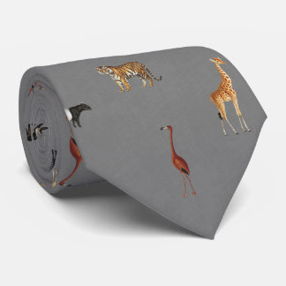 Jungle Safari Animals Pattern Dark Grey Neck Tie