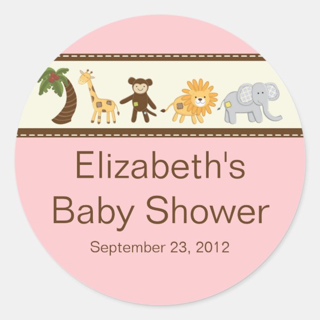 Jungle Safari Animals Pink Girl Baby Shower Classic Round Sticker (Front)