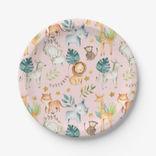 Jungle safari animals pink toddler girl birthday paper plates