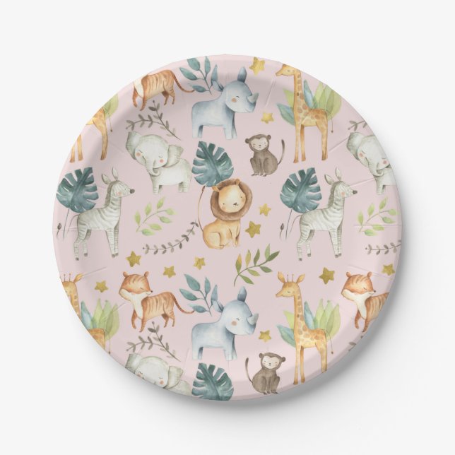 Jungle safari animals pink toddler girl birthday paper plates (Front)
