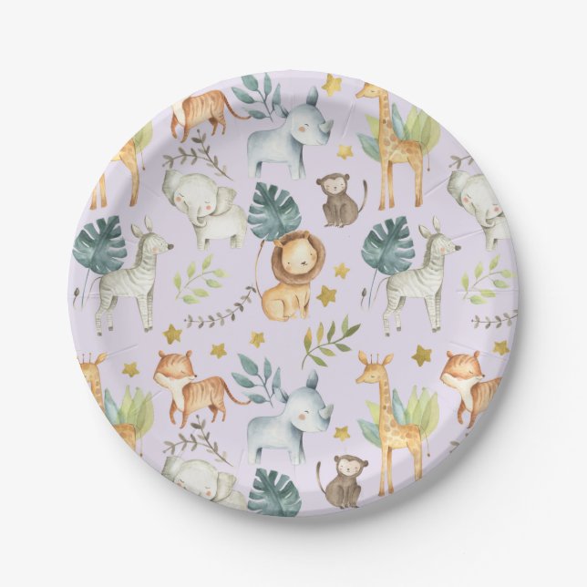 Jungle safari animals purple Girl 2nd birthday Paper Plates (Front)