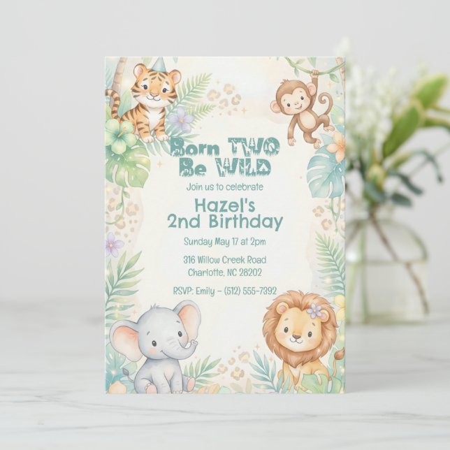 Jungle Safari Animals Two Wild Second Birthday  Invitation (Standing Front)