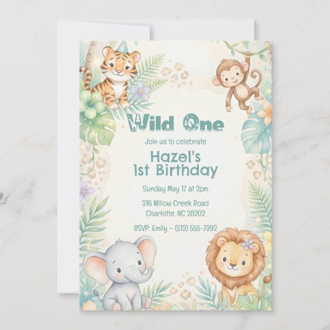 Jungle Safari Animals Wild One 1st Birthday  Invitation (Front)
