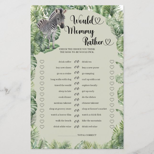 Jungle Safari Animals Would Mommy Rather game (Front)