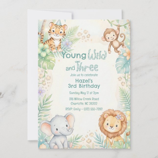 Jungle Safari Animals Young Wild & Three Birthday  Invitation (Front)