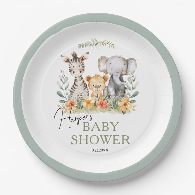 Jungle Safari Baby Animal Baby Shower Paper Plates (Front)