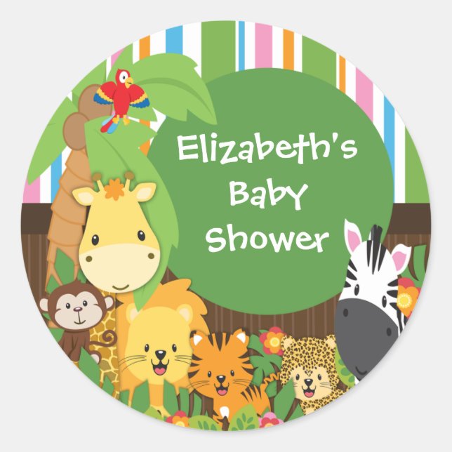 Jungle Safari Baby Animals Baby Shower Stickers (Front)