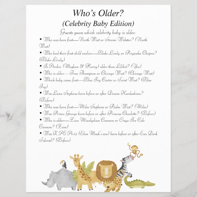 Jungle Safari Baby Shower Games Flyer (Front)