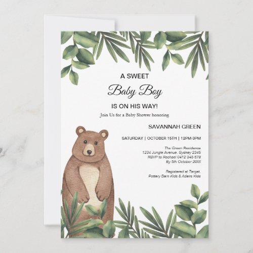 Jungle Safari Bear Boy Baby Shower Invitation