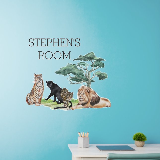 Jungle Safari Big Cats Lion Tiger Scene Name Wall Decal (Home Office)