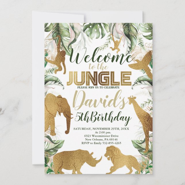Jungle Safari Birthday Party, Jungle Animals Invitation (Front)