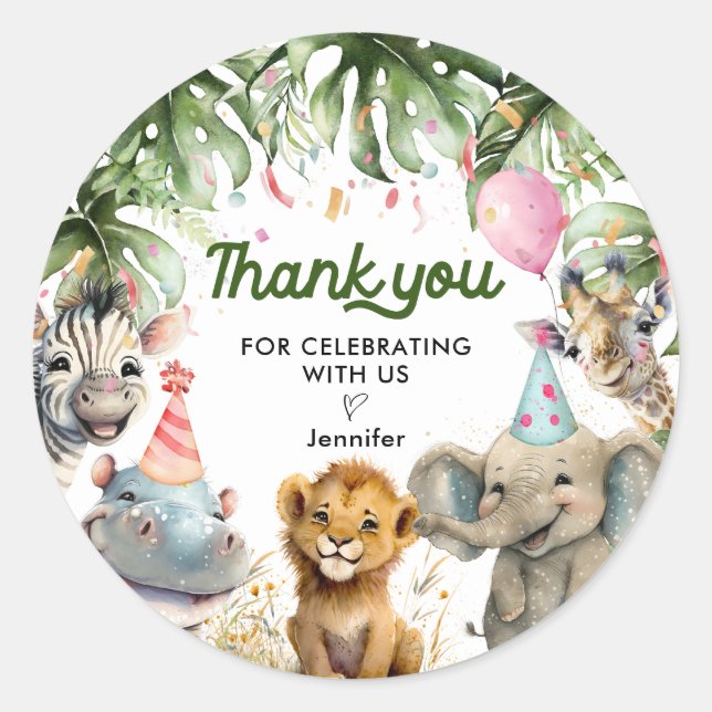Jungle Safari Birthday Thank you Round Sticker (Front)