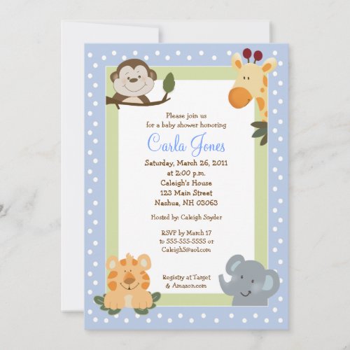 Jungle Safari Blue 5x7 Baby Shower Invitations