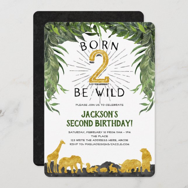 Jungle, Safari, Born 2 be wild, Second Birthday Invitation (Front/Back)