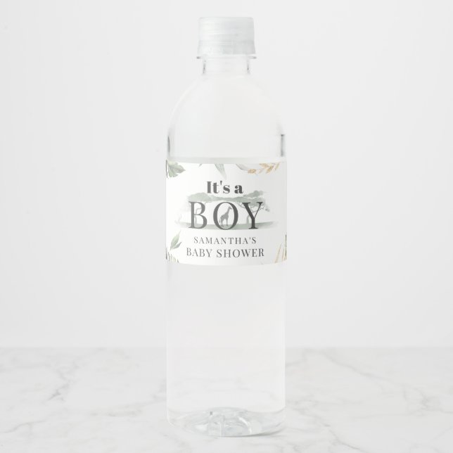 Jungle Safari Botanical Boy Baby Shower Water Bottle Label (Front)