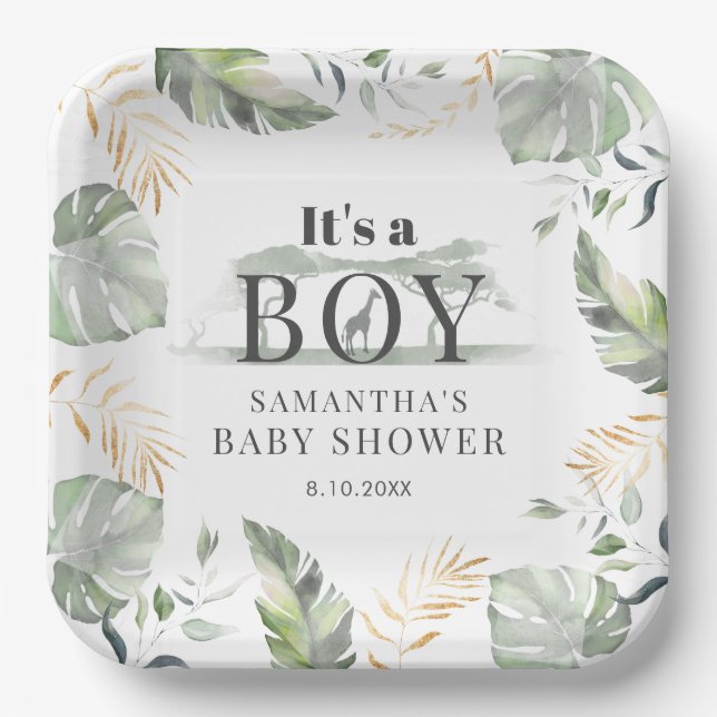 Jungle Safari Botanical Its a Boy Baby Shower Paper Plates (Front)