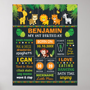 Jungle Safari Boy Birth Stats Birthday Milestone Poster