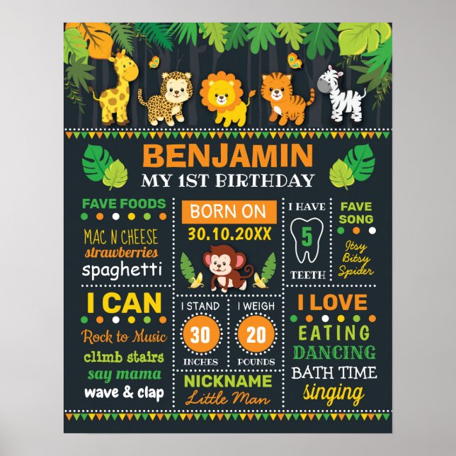 Jungle Safari Boy Birth Stats Birthday Milestone Poster (Front)