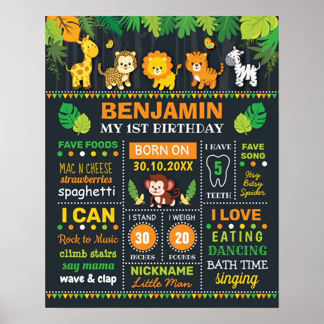 Jungle Safari Boy Birth Stats Birthday Milestone Poster | Zazzle