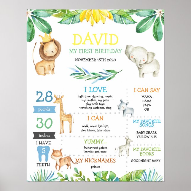 Jungle Safari Boy First Birthday Milestone Poster (Front)
