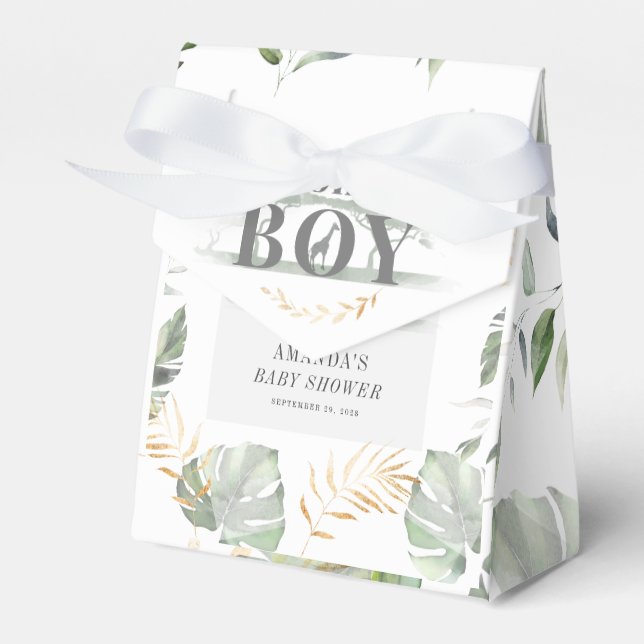 Jungle Safari Boy Giraffe Botanical Baby Shower Favor Boxes (Front Side)