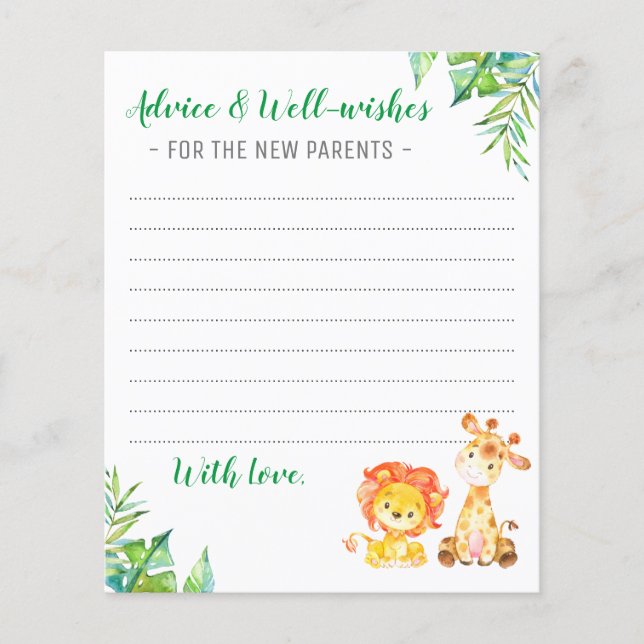 Jungle Safari Boy Shower New Parents Advice Cards (Front)