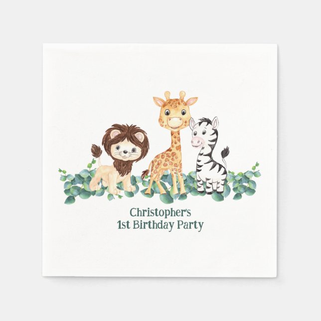 Jungle Safari Boys Giraffe Lion Zebra 1st Birthday Napkins (Front)