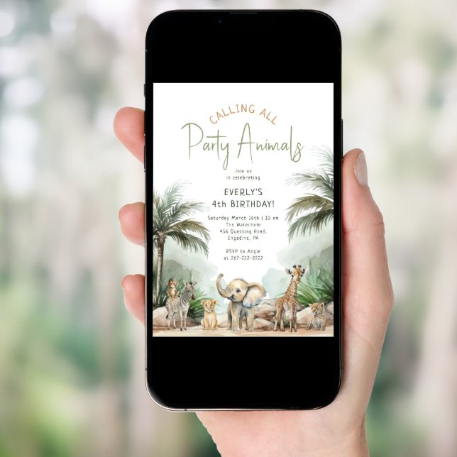 Jungle Safari "Calling All Party Animals" Birthday Invitation (Front Digital)