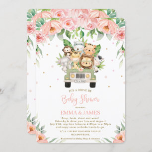 Jungle Safari Car Pink Floral Drive By Baby Shower Invitation
