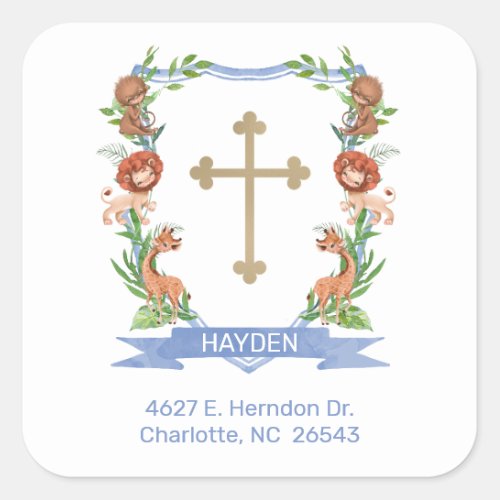 Jungle Safari Crest Baptism Return Address Square Sticker