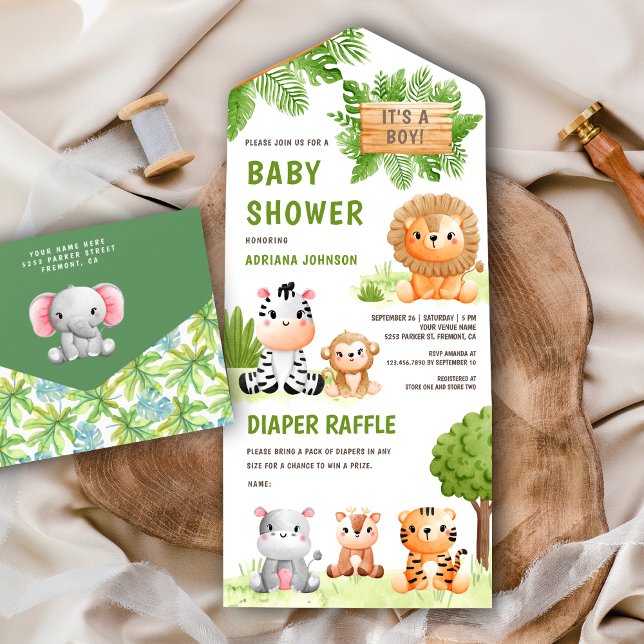 Jungle Safari Cute Wild Animals Boy Baby Shower All In One Invitation (Creator Uploaded)