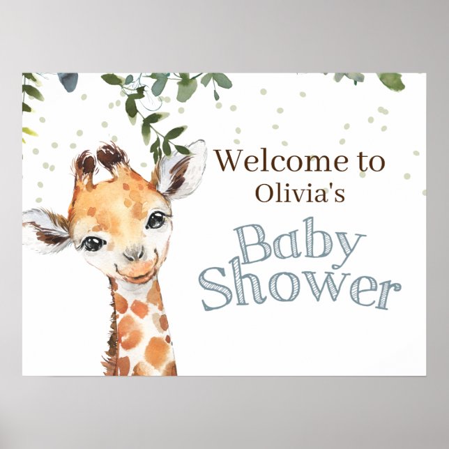 Jungle Safari Giraffe Blue Baby Shower Welcome Poster (Front)