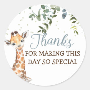 Jungle Safari Giraffe Blue Gray Thank You Classic Round Sticker