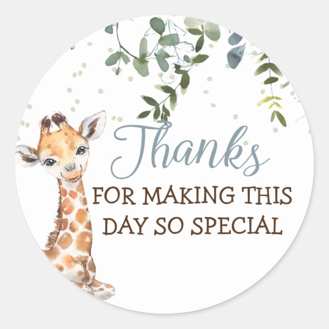 Jungle Safari Giraffe Blue Gray Thank You Classic Round Sticker (Front)