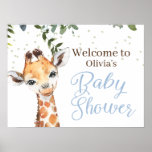 Jungle Safari Giraffe Blue Welcome Baby Shower Poster at Zazzle