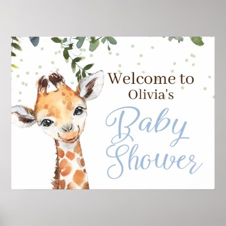 Jungle Safari Giraffe Blue Welcome Baby Shower Poster