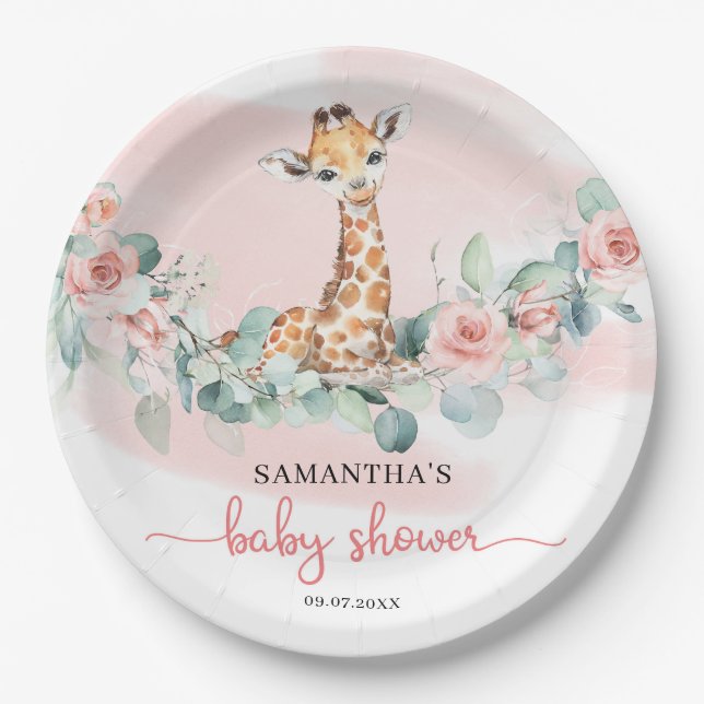 Jungle Safari Giraffe Eucalyptus Girl Baby Shower  Paper Plates (Front)