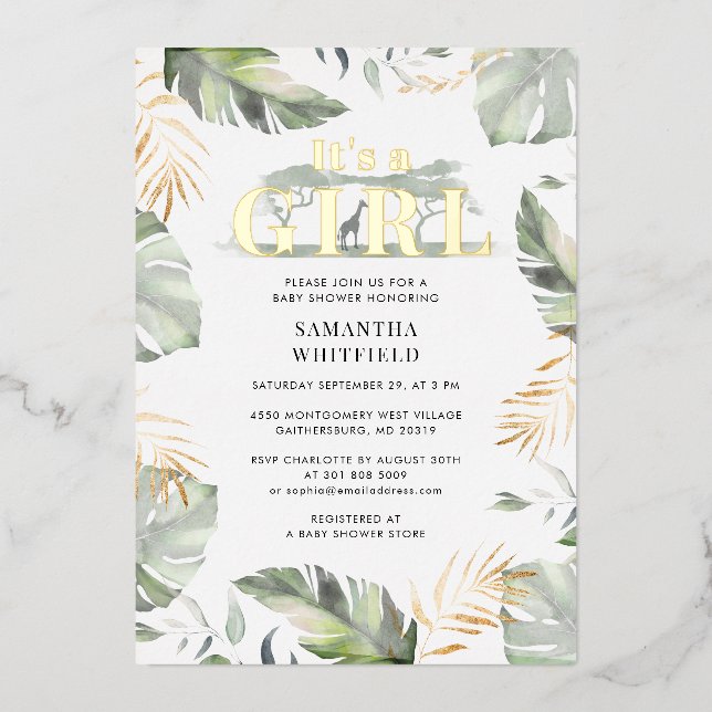 Jungle Safari Giraffe Girl Baby Shower Gold Foil Invitation (Front)