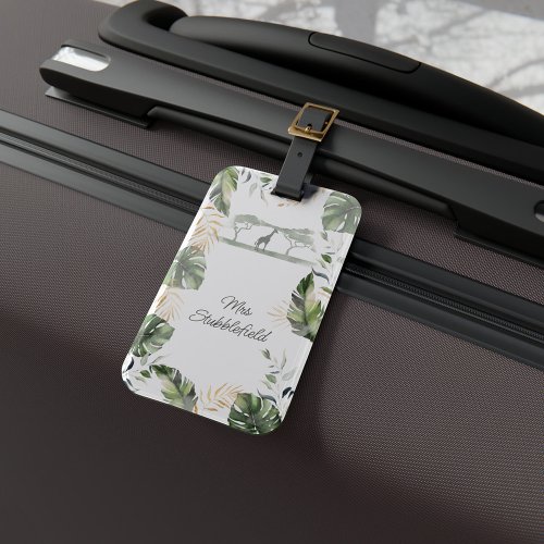 Jungle Safari Giraffe Palm Leaves Greenery Luggage Tag